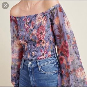 Anthropologie Rouen Purple Ruched Floral Top. New without tags.